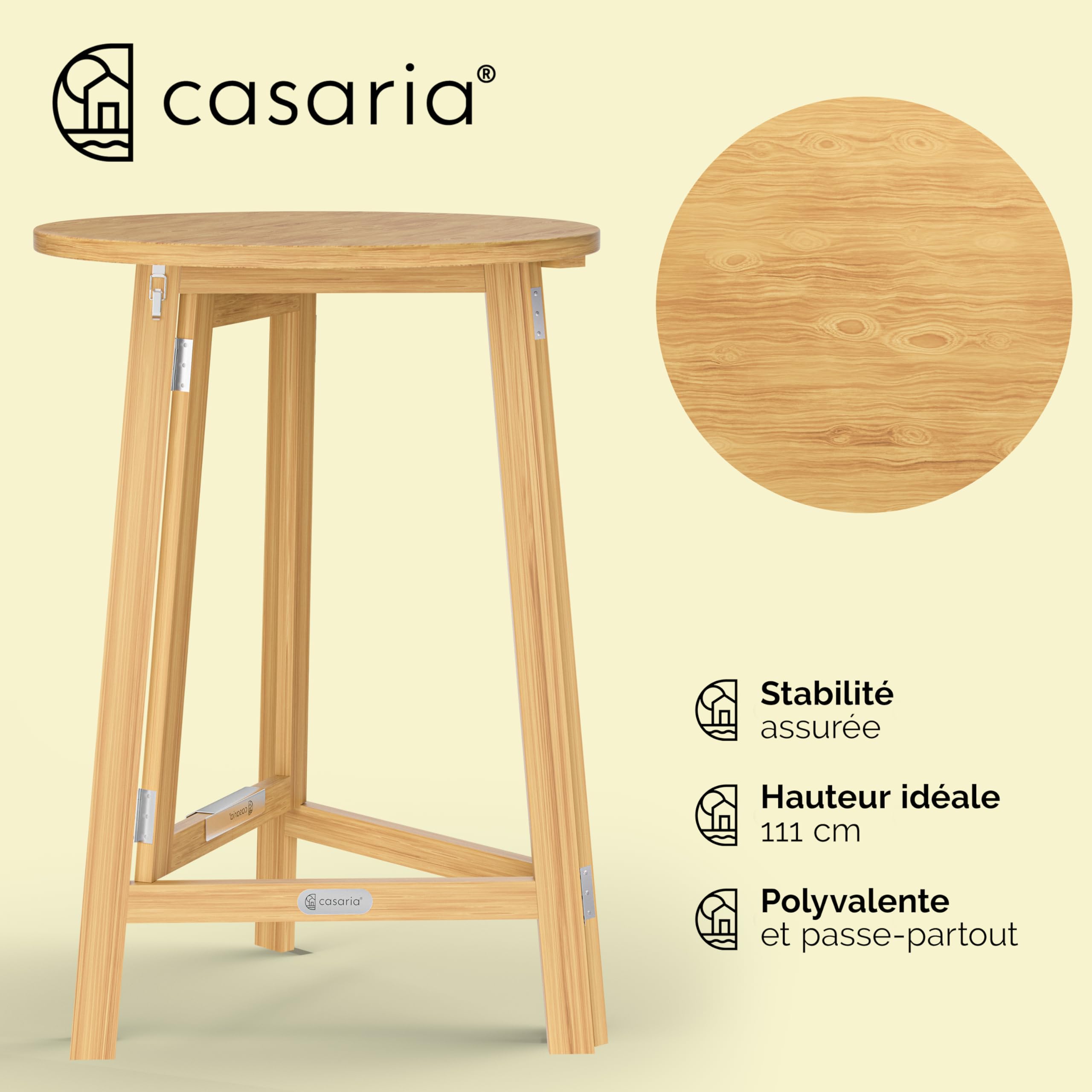 Casaria® Mange Debout Table Haute - Table Cuisine Ronde Pliable en Bois Massif Sapin, 3 Pieds, Plateau Ø78cm x H111cm, Intérieur/Extérieur, Design Moderne, Robuste et Élégante, Charge Max 80kg