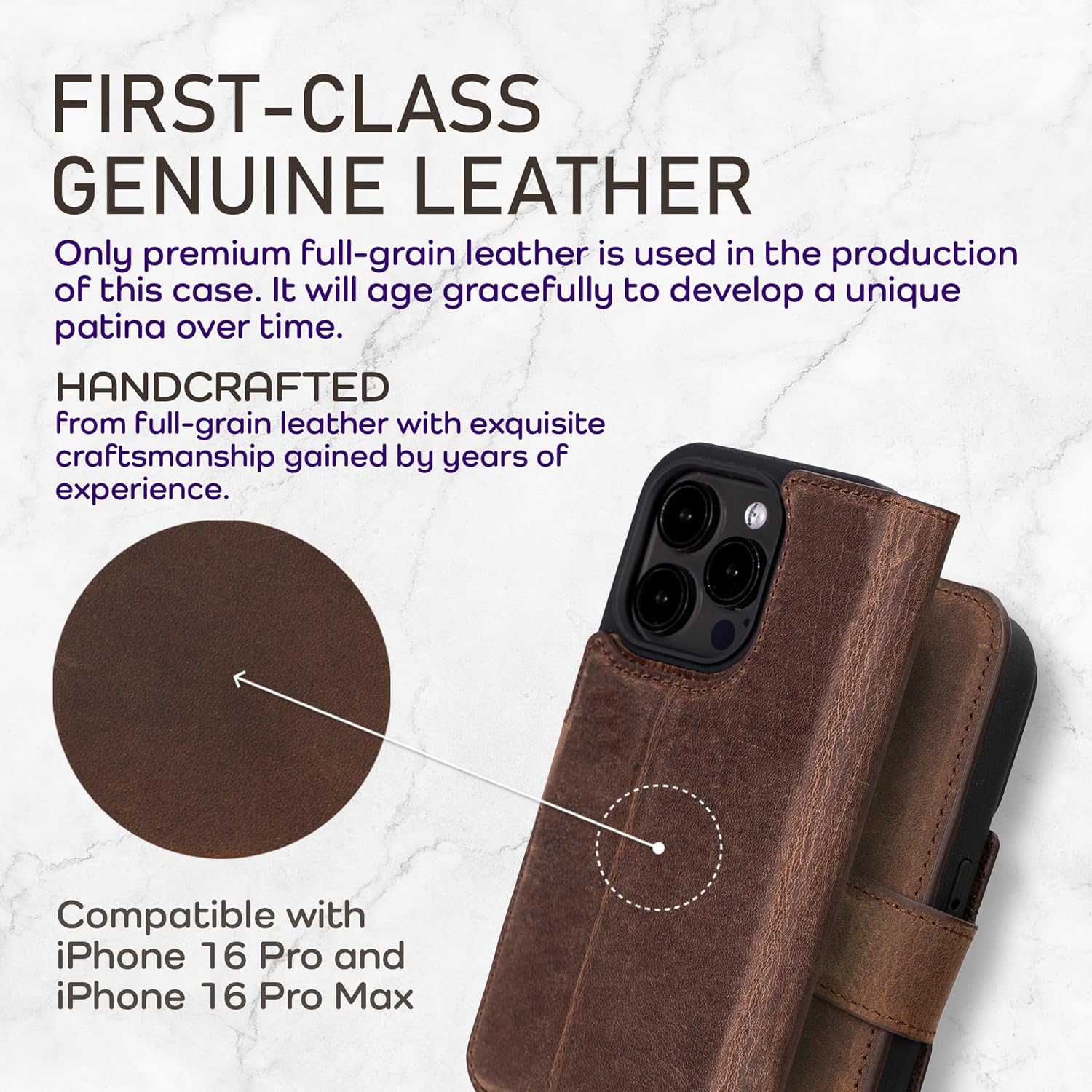 Bayelon Wallet Case for iPhone 16 Pro 6.3", Full Grain Leather Wallet Case, Detachable Magnetic Flip Folio Cover, Card Holder, MagSafe Compatible, RFID Blocking Case (Coffee Brown)