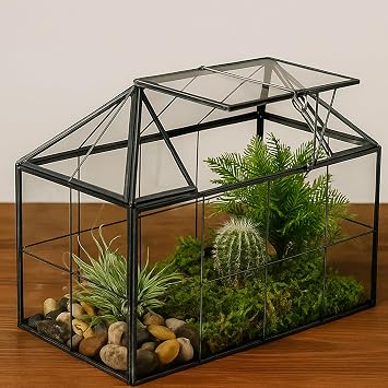 HighFree Geometric Terrarium Planter with Swing Lid, House Shape Black Handmade Glass Box, Vintage Tabletop Miniature Terrarium, for Succulent, Cacti, Air Plants Not Watertight - 9.2x5.5x7.3 inch