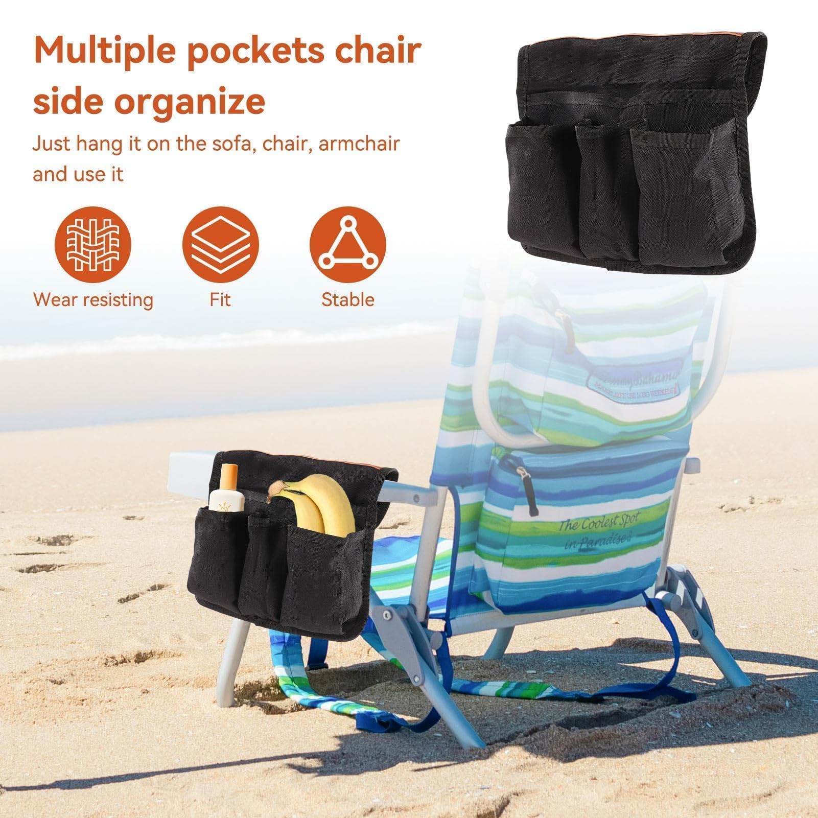 Cyrank Borsa per Braccioli per Sedia per Campeggio All'aperto, Organizer Laterale per Sedia Borsa Portaoggetti Multifunzionale per Spiaggia da Campeggio(Nero)