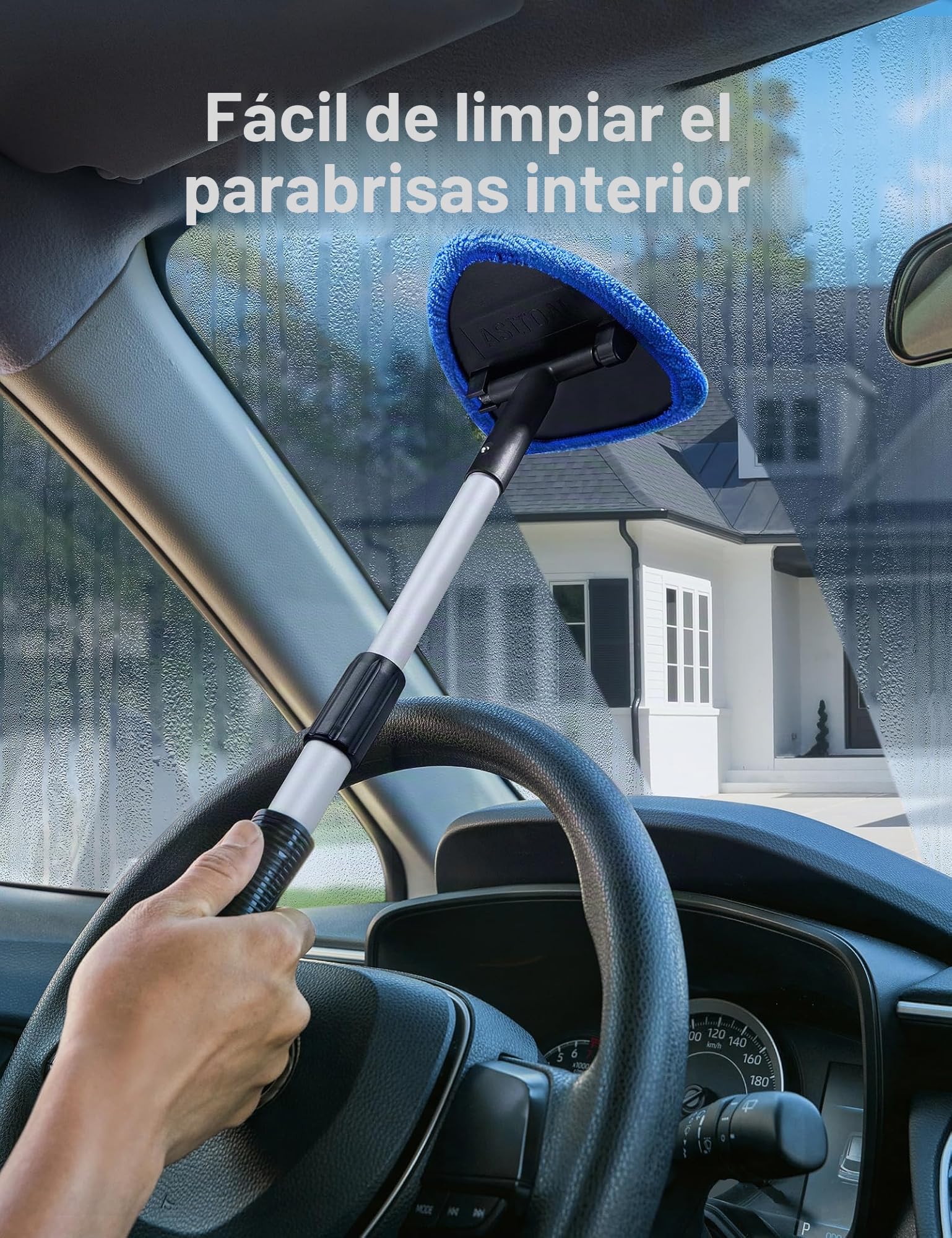 AstroAI Cepillo Lavar Coche, Cepillo de Limpieza Extraíble Telescópico, Kit de Limpiaparabrisas Interior de Cristal, 4 Almohadillas de Microfibra Herramienta de Limpieza de Parabrisasl, Azul