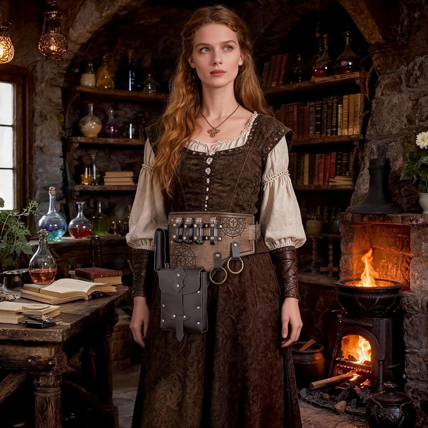 Renaissance Medieval Alchemy Belt Set - 4PCs Renaissance Accessories for Cosplay, LARP, Halloween & Renaissance Fairs (Brown) - Image 3