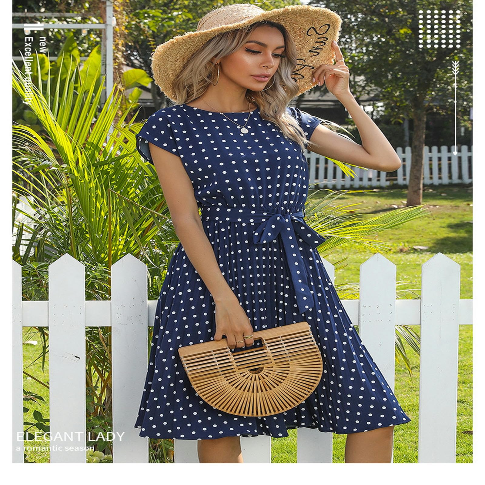 Vestidos de verano para mujer, vestido de lunares de manga corta, plisado, casual, vestido midi con cinturón, YYEFNMAZ