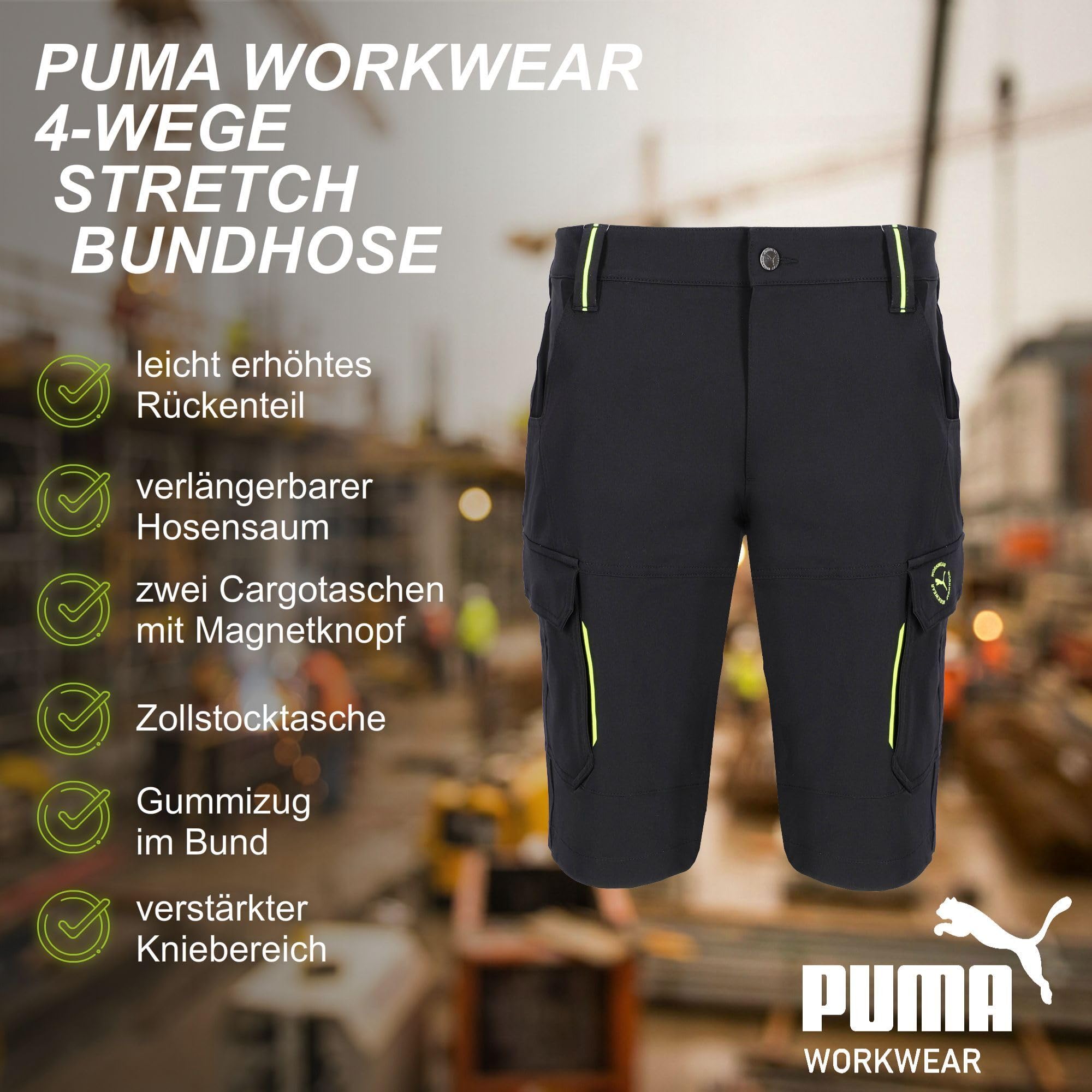 PUMA Workwear krótkie spodnie robocze męskie – z 4-kierunkowym stretchem – wytrzymałe szorty ze wzmocnionymi kieszeniami dzięki 100% nylonowi i gumowemu ściągaczowi – podwyższona część pleców