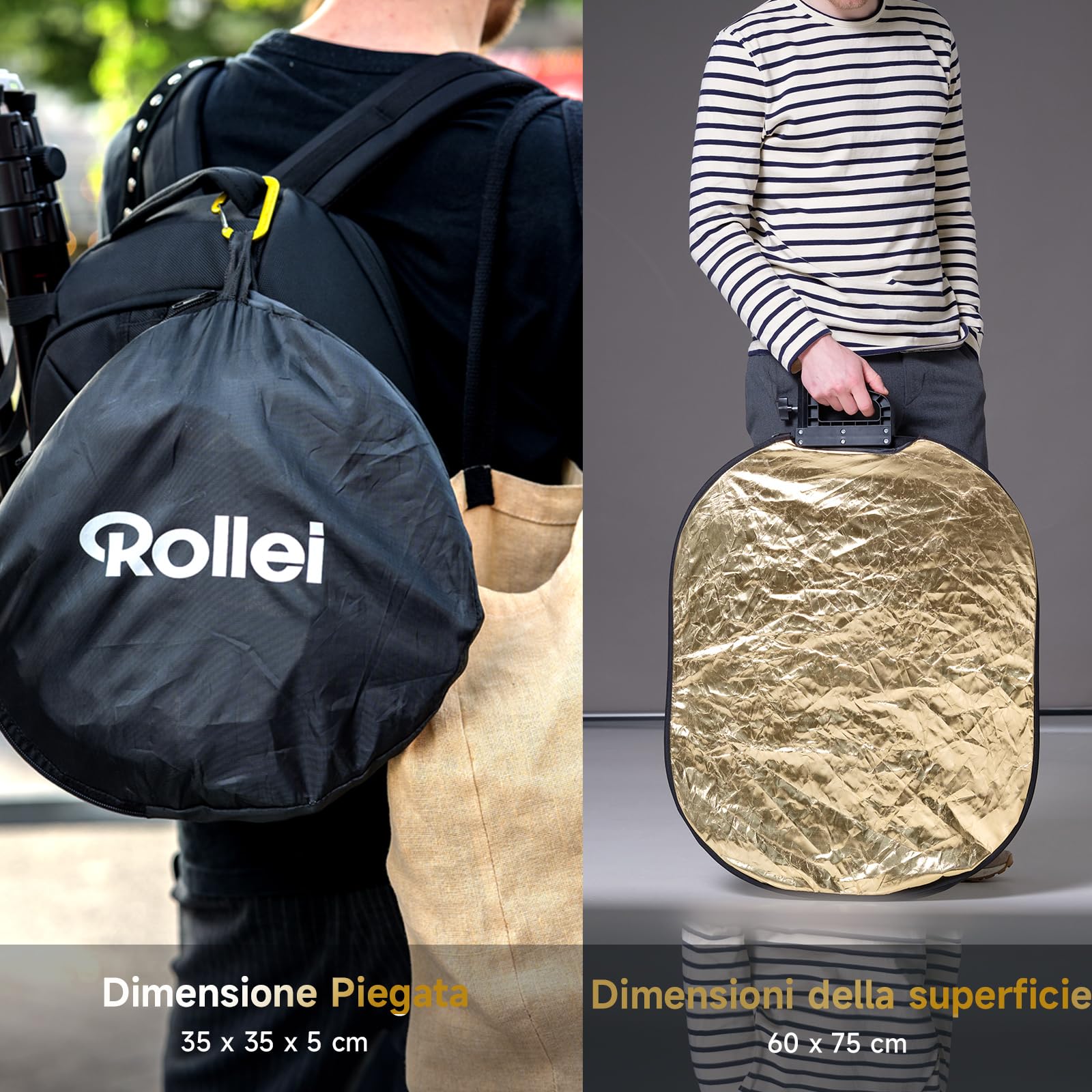 Rollei 5 in 1 Pannello Riflettente Fotografico Pieghevole 60 x 75 cm Light Reflector Leggero e Compatto 600 g per Studio e Illuminazione Esterni, Pannello-Riflettente- Luce-Fotografico-Pieghevole