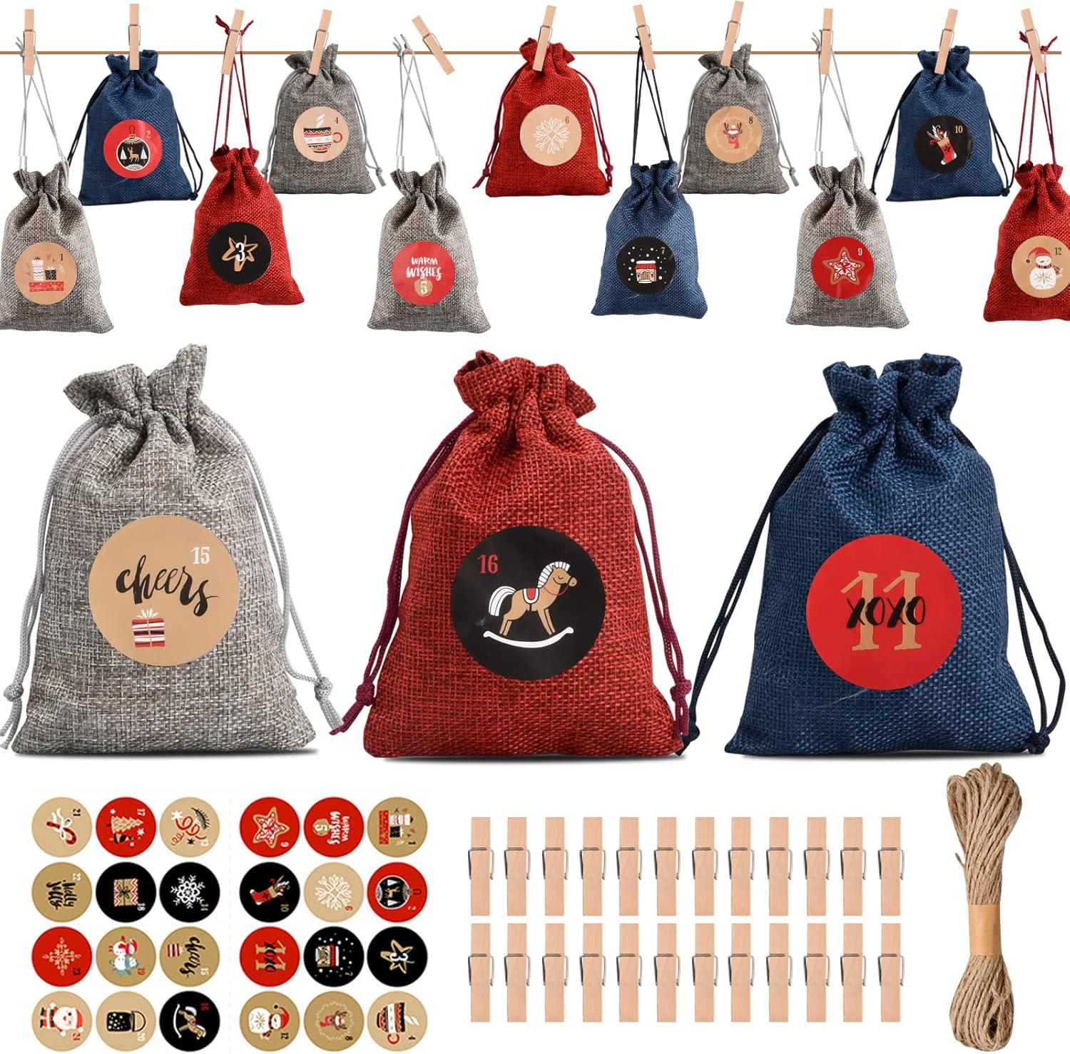 24 Pcs Christmas Drawstring Gift Bags Xmas Wrapping Linen Bags Xmas ...