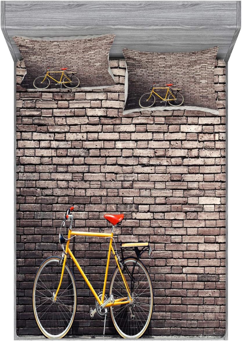 Ambesonne Bicycle Fitted Sheet & Pillow Sham Set, Past Times Aesthetic Road Bike Lean Brick Wall Outdoor Daily Town Life Photo, Decorative Printed 3 Piece Bedding Decor Set, Queen, Grey Yellow Red