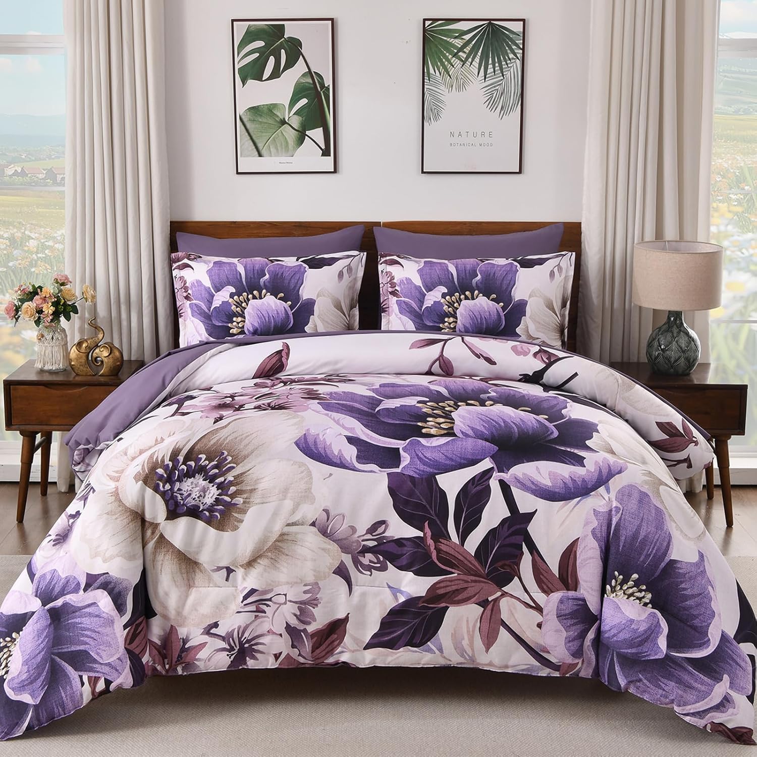 Dintszyayue Purple Comforter Set Queen Size, 7 Pieces Floral Bed in a Bag Set, Elegant Texture Flower Bedding Sets, Soft Microfiber for All Season with Flat Sheet Fitted Sheets Pillowcases and Shams