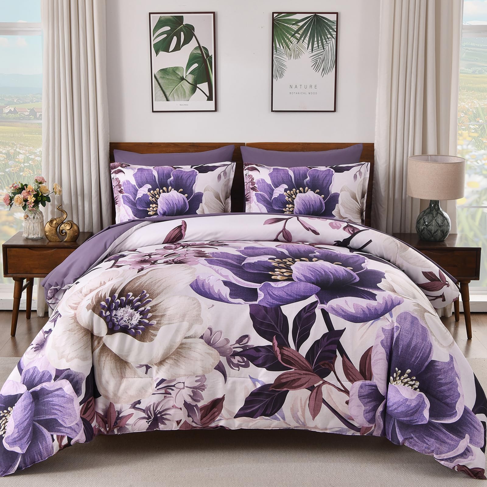 Dintszyayue Floral Comforter Set King Size, Purple 7 Pieces Bed in a Bag Set, Elegant Texture Flower Bedding Sets, Soft Microfiber for All Season with Flat Sheet Fitted Sheets Pillowcases and Shams