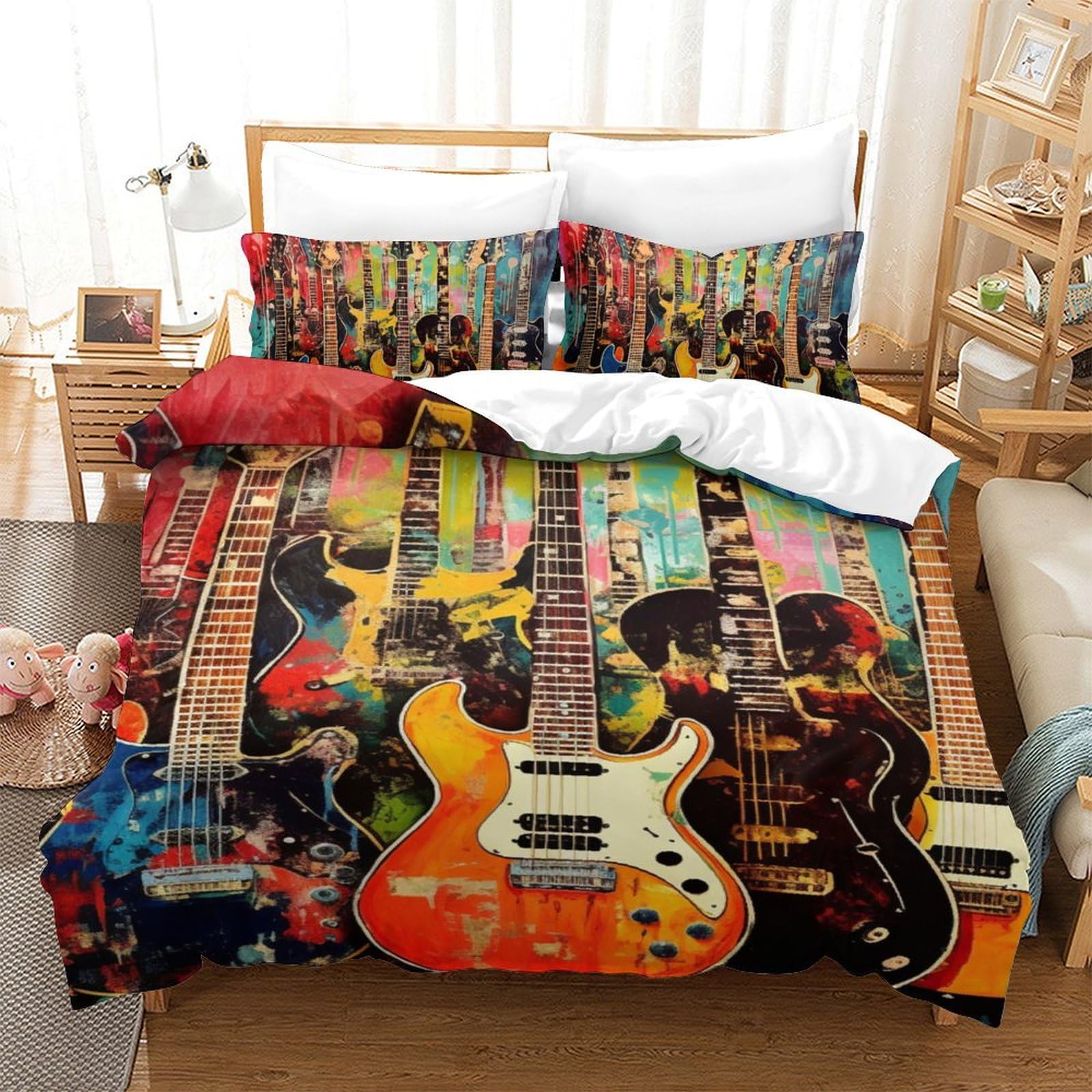 Housse de couette antibactérienne et respirante motif guitare 140x200