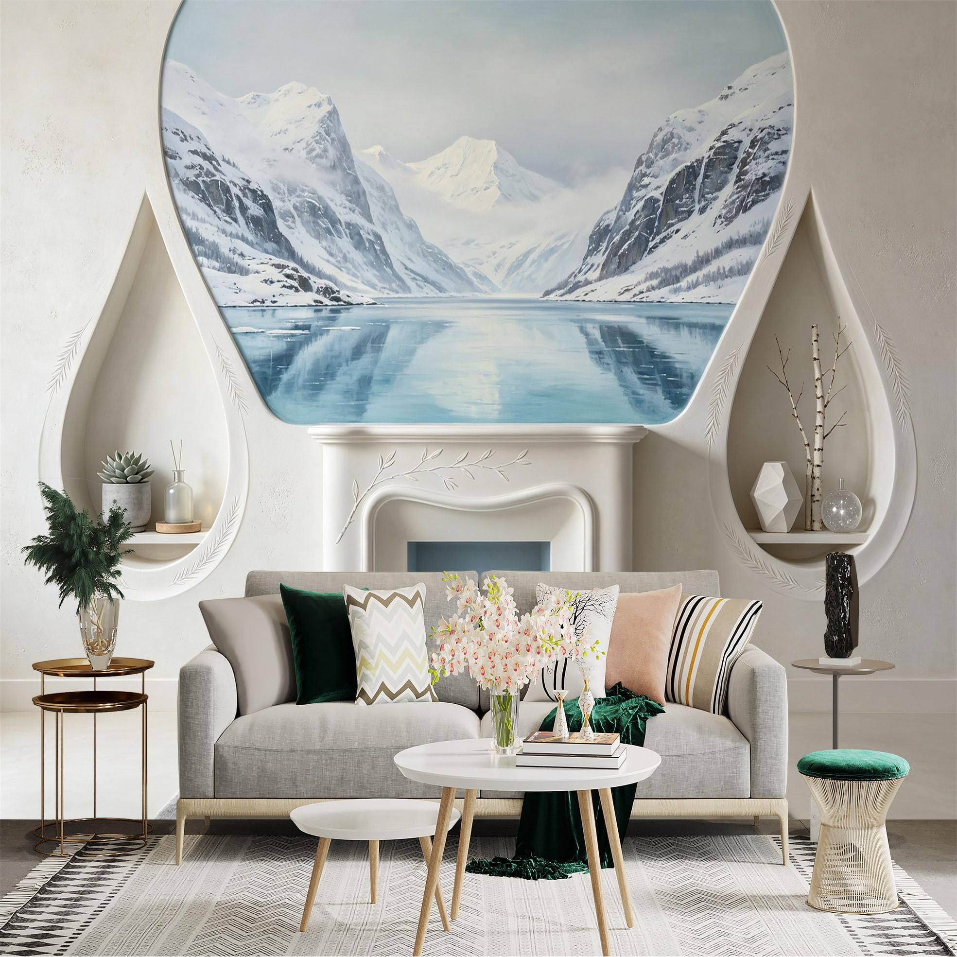 Lnzczhyre Bh260719803 Custom Size Wall Sticker Mural， Snowy Mountain Range， Serene Glacial Lake， Winter Landscape Scenery， For Wall Decoration， Peelandstick Wall Decals.