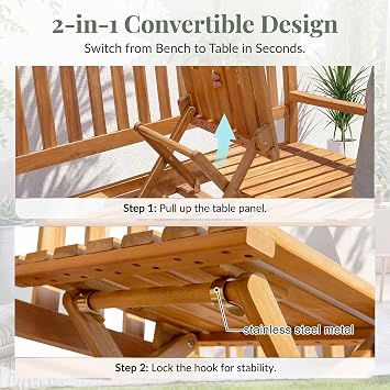 Devoko Acacia Wood Outdoor Bench, 2-Person Garden Bench with Pull-Out Table
