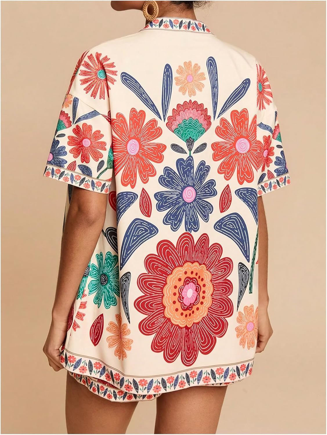 MakeMeChic Women's Tropical Beach Vacation Outfits Summer Two Piece Sets Boho Floral Kimono Tops and Shorts Set - Image 3