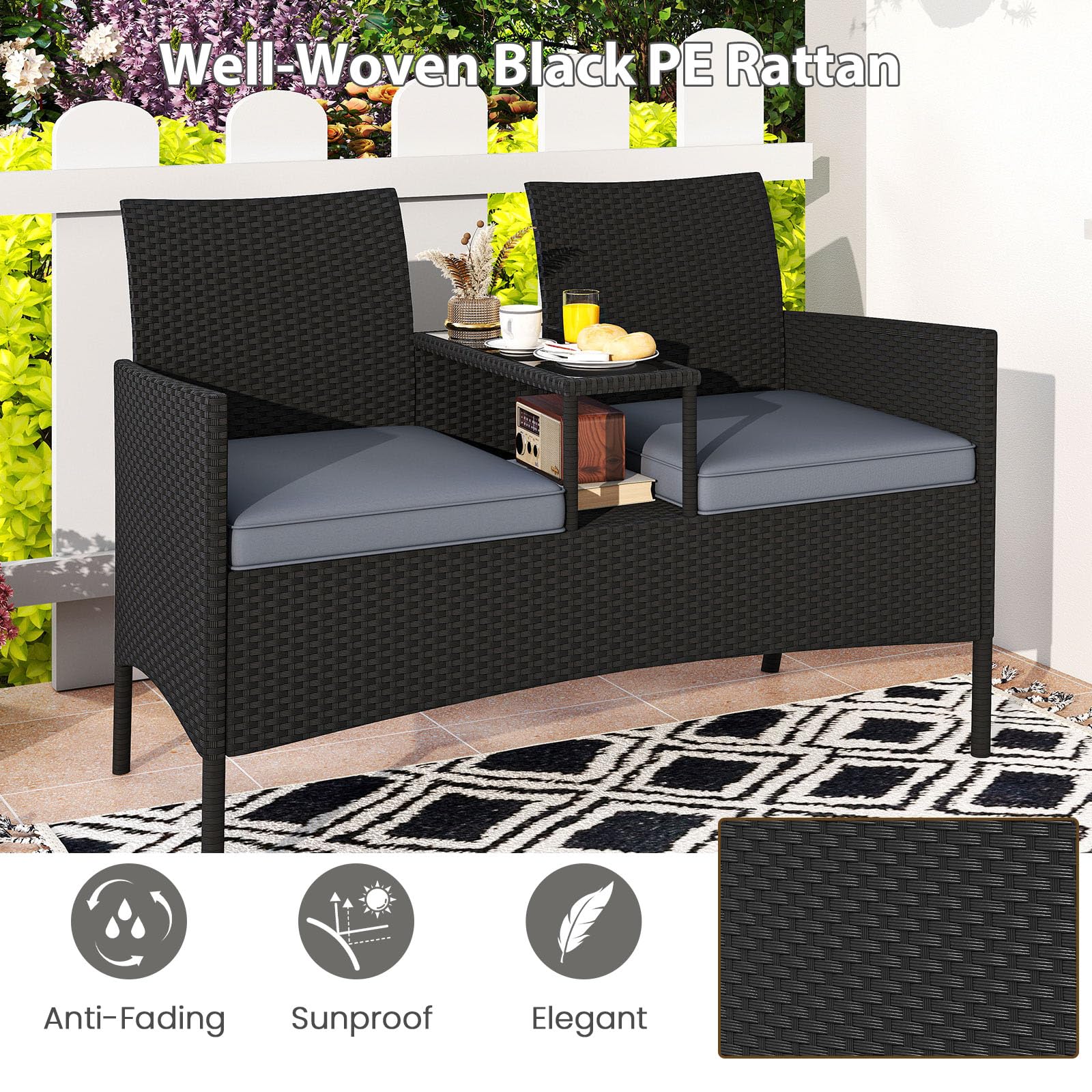 LIFEZEAL Banc Double de Jardin en Rotin PE avec Table en Verre Trempé, Fauteuil de Balcon 2 Personnes avec Coussin, Salon 2 Places avec Coussins, Mobilier de Terrasse, Patio, Charge 360 kg (Gris)