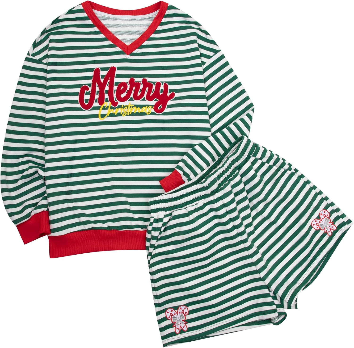 LUKYCILD Women Striped Christmas Sets V Neck Lounge Short Set Matching Sweatsuit with Pockets Casual Xmas Pjs 2 Piece Outfits - Image 6