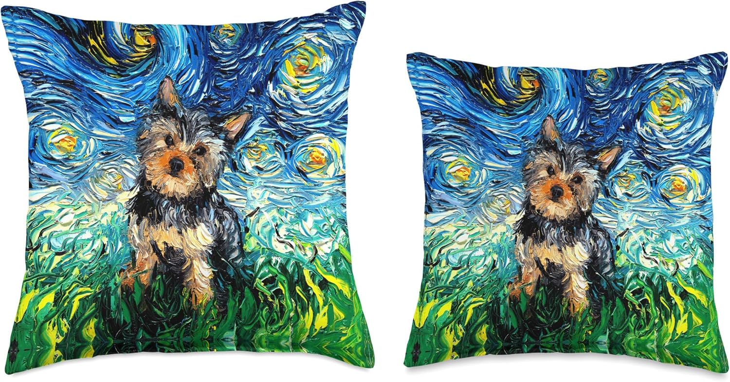 Yorkshire terrier Starry Night Cute Yorkie Dog Art by Aja Throw Pillow