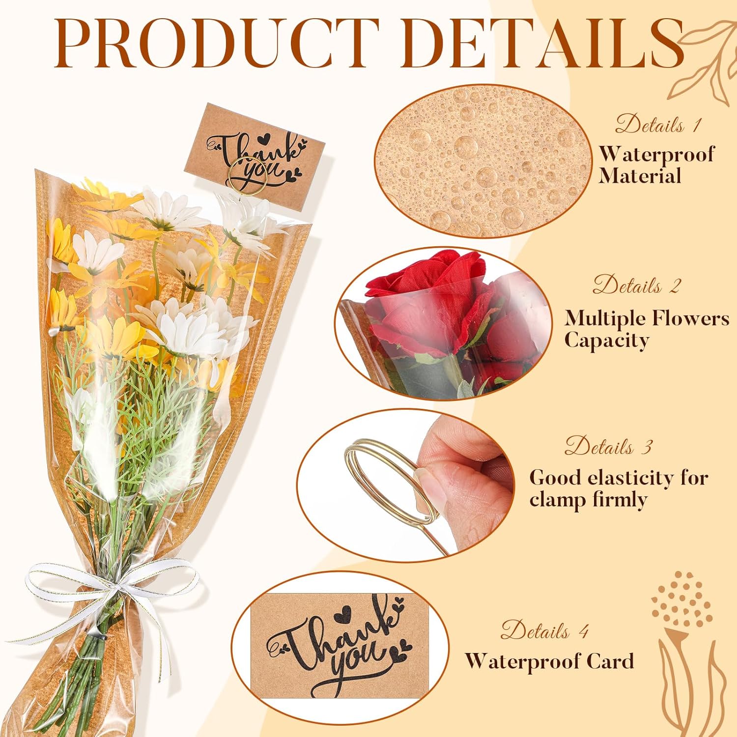 Gilprop 100 Pack 16.5 '' Flower Wrapping Bag Bouquet Kraft Paper Pack Sleeve with Floral Thank Card Holder and Pick Ribbon Flower Bouque Bag for Ot Mouth Thank Teacher, Mother's Day, Graduation Gift