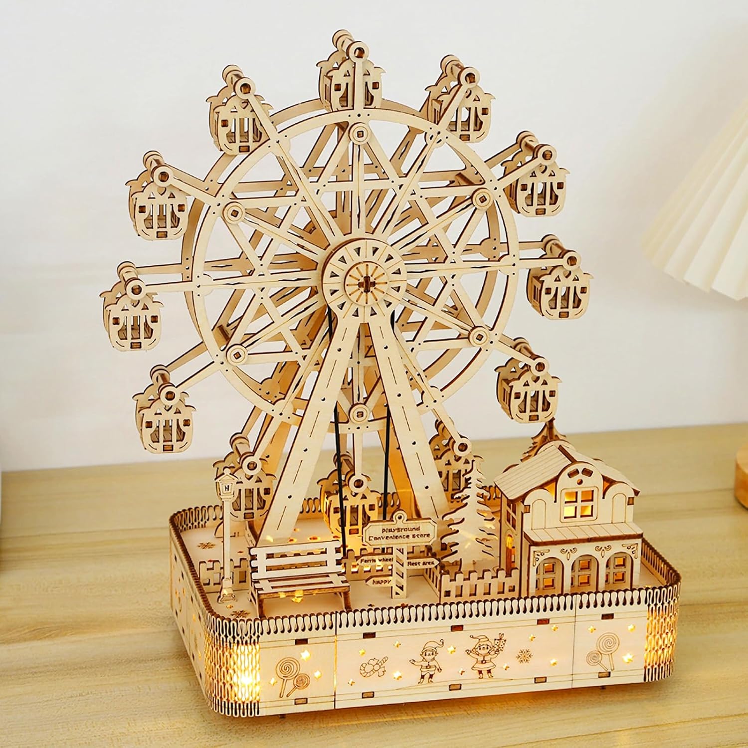 Wooden 3D Puzzle for Adults - DIY Ferris Wheel Model Kit with Music Box & LED Lights, Mechanical Assembly Building Set, Creative Craft Gift for Friends and Family, Age 14+