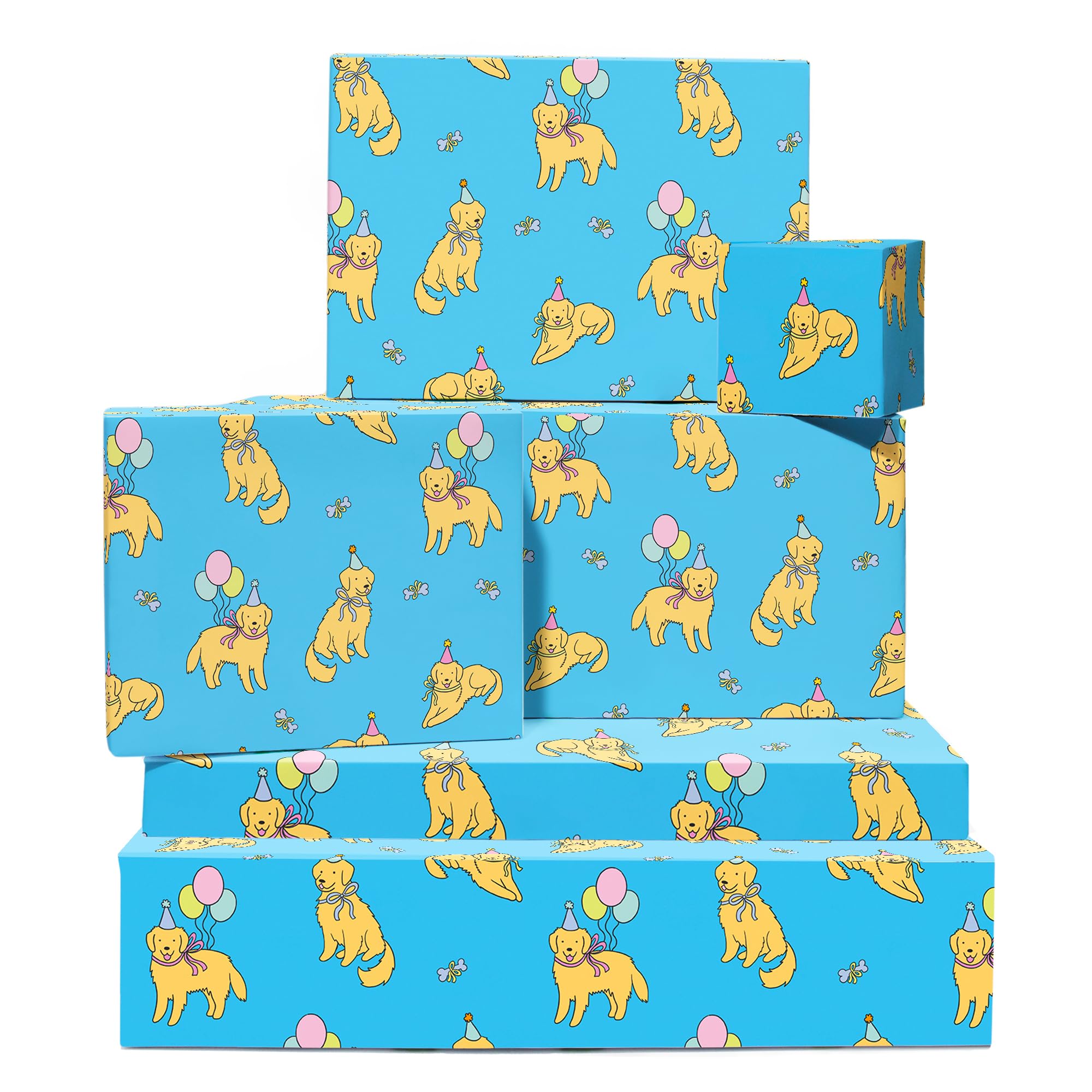 Dog Wrapping Paper - Golden Retriever - 6 Sheets Of Birthday Gift Wrap With Tags - Blue Wrapping Paper For Dog Mum Fur Parent - Comes With Stickers - By Central 23