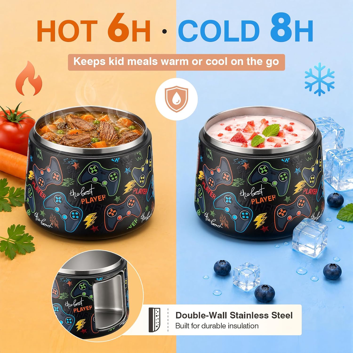 14oz Insulated Vacuum Food Jar with Buckle Lid,Soup Thermo for Hot Food Kids,Wide Mouth Leakproof Stainless Steel Lunch Container with Spoon-Black Game