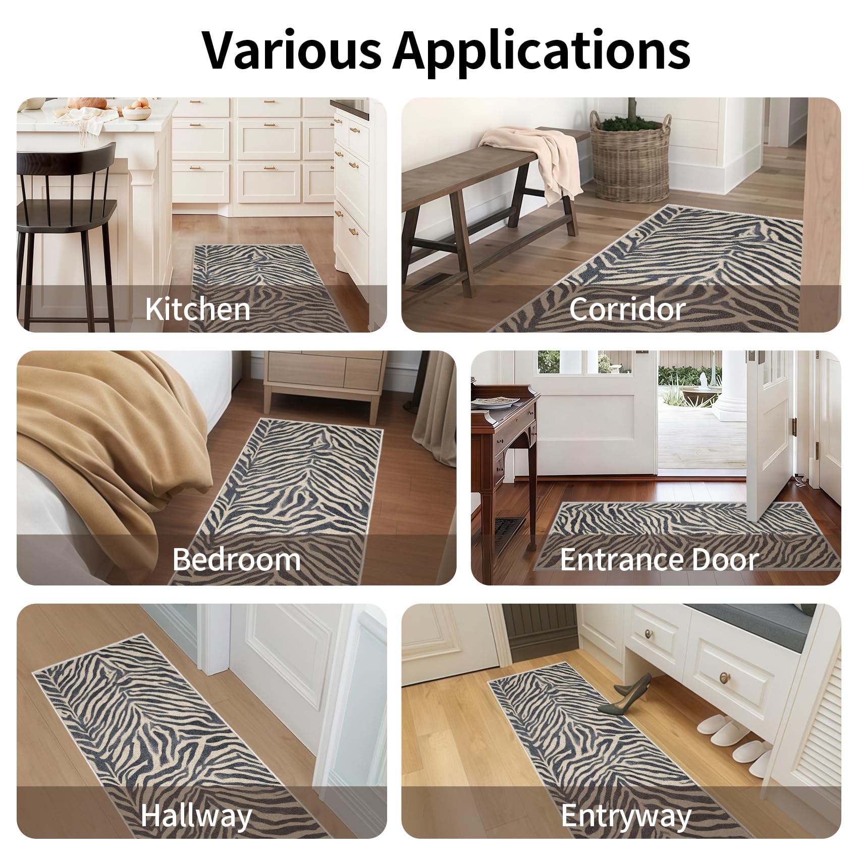 Tapis de Couloir 80 x 300 cm Zèbre Tapis Couloir Motif Animalier Rétro Passage Lavable en Machine Antidérapant Long Carpet Entrée Cuisine Chambre Salon Doux Poil Ras Rug