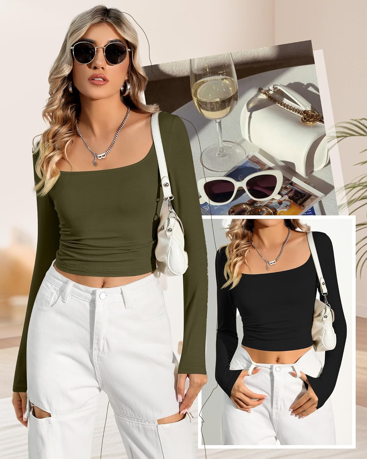 Riyiper 3 Pack Women's Long Sleeve Crop Tops, Square Neck Workout Shirts Tees Going Out Y2k Tops Basic Slim Fitted Base Layer - Image 5