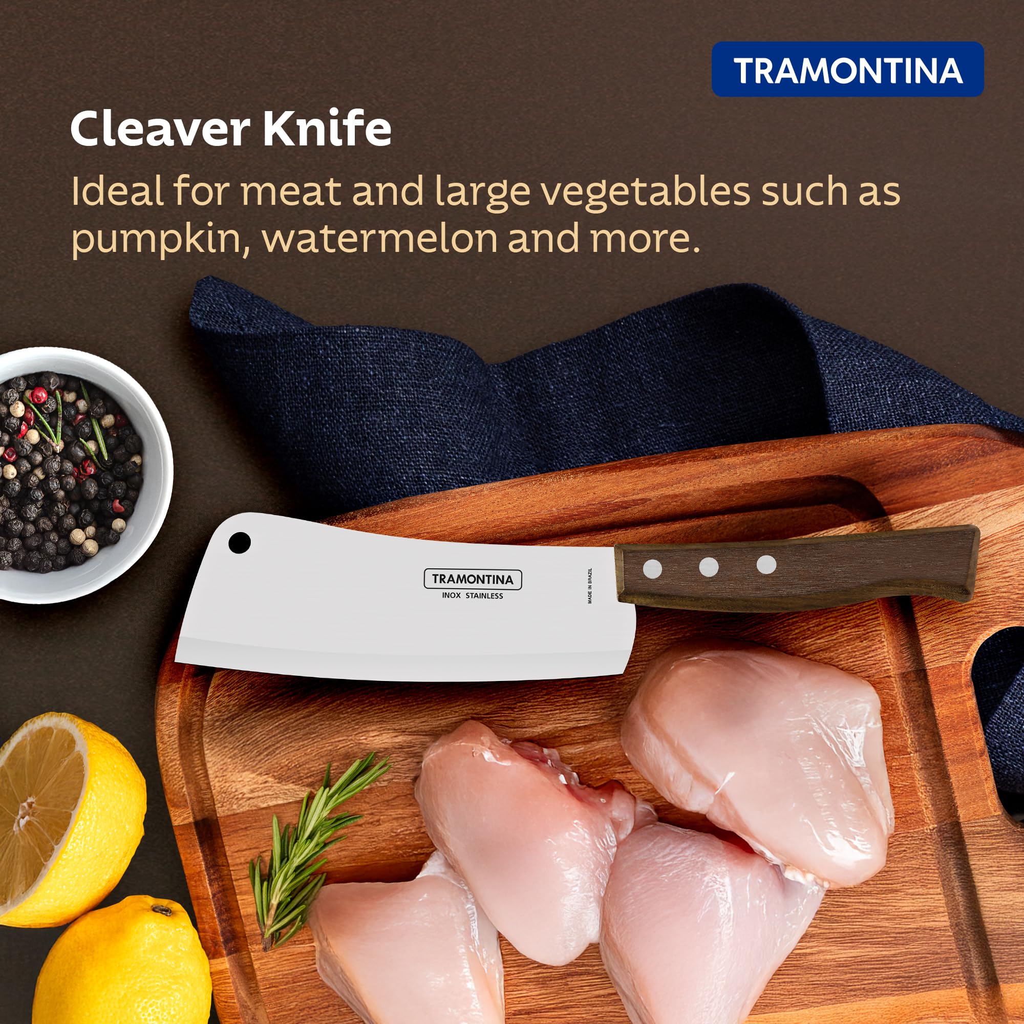 TRAMONTINA Tradicional 15cm/5.9" Cleaver Knife | Stainless Steel Blade | Big Kitchen Knife for Large Vegetables/Fish | Straight/Plain Edge | Brown Ipe Wood Handle | Made in Brazil | 5 Year Warranty* 1