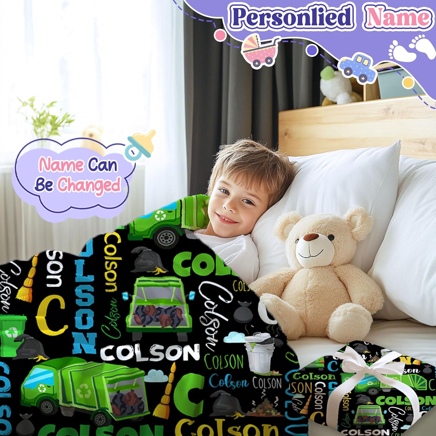 Personalized Garbage Truck Blanket with Name Customized Baby Blanket with Name Custom Garbage Truck Blanket for Kid Soft Warm Throw for Newborn Infant Toddler Stroller Crib Decor Baby Gift 50"x60"