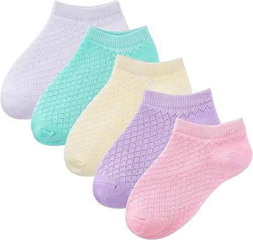 Looching Paquete de 5 calcetines delgados de malla para bebés, niñas y niños, de algodón, color blanco, calcetines de tobillo invisibles 1-8T