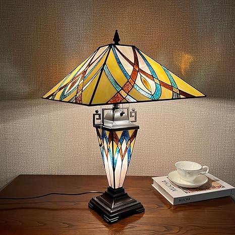 COTOSS Tiffany Table Lamp with NightLight, Mission Style 16 inch Large Stained Glass Table Light,Antique 3-Lights Desk Lamp for Living Room Bedroom Office photo 2