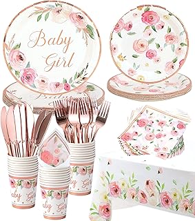 Rose Gold Baby Shower Plates and Napkins Girl - Serves 16 - Includes Baby Girl Plates Cups Napkins Knifes Forks Floral Baby Shower Decorations for Girl Baby Shower Favor Decor Party Supplies