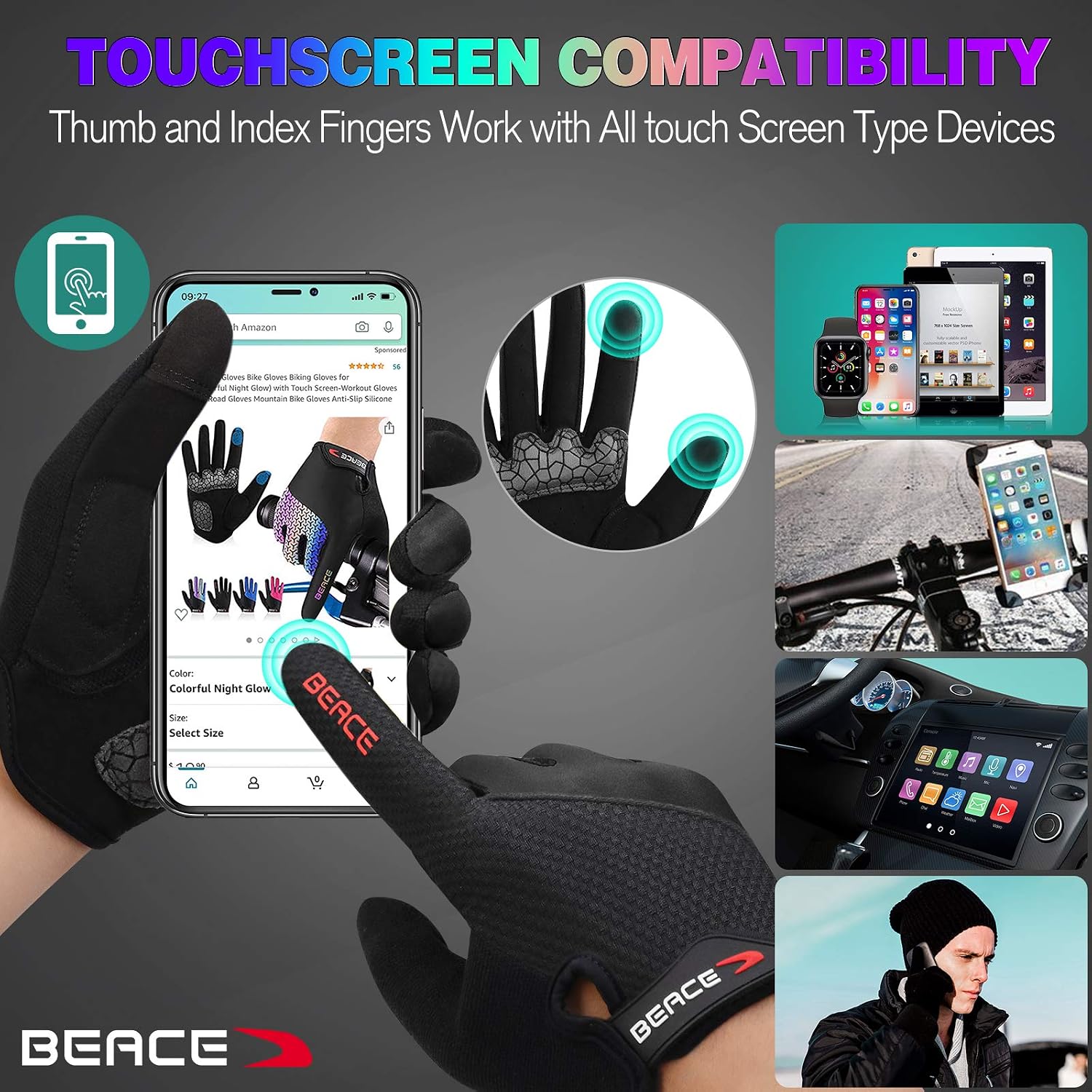 BEACE Cycling Bike Biking Gloves for Women(Colorful Night Glow) with Touch Screen-Full Finger Workout Road Mountain Bike Gloves Anti-Slip Silicone Palm image 3
