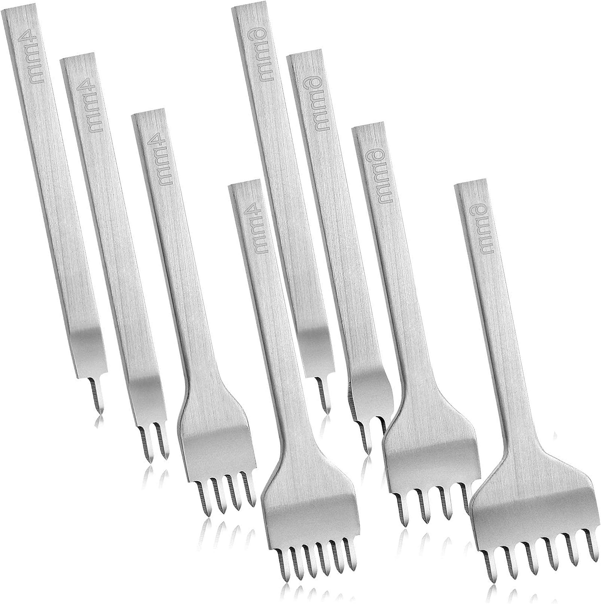8 Pieces Leather Chisel Set - 4mm 1/2/4/6 Prong and 6mm 1/2/4/6 Prong Leather Hole Punch Tool, Metal Diamond Lacing Stitching Chisel Set for DIY Handwork Craft Supplies