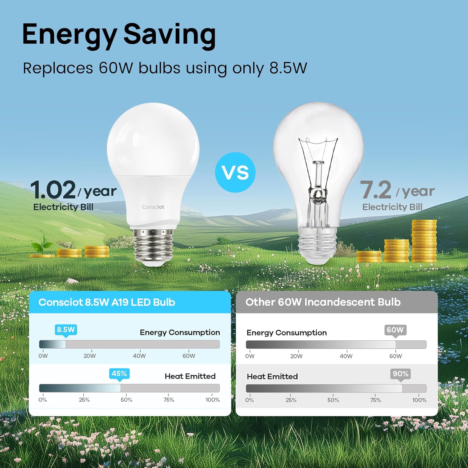 Consciot A19 LED Light Bulb,60W Equivalent,8.5W 3000K Warm White,E26 Base,800 Lumens Non-Dimmable,Energy Efficient LED Light Bulbs,UL Listed for Home Lighting,5-Pack