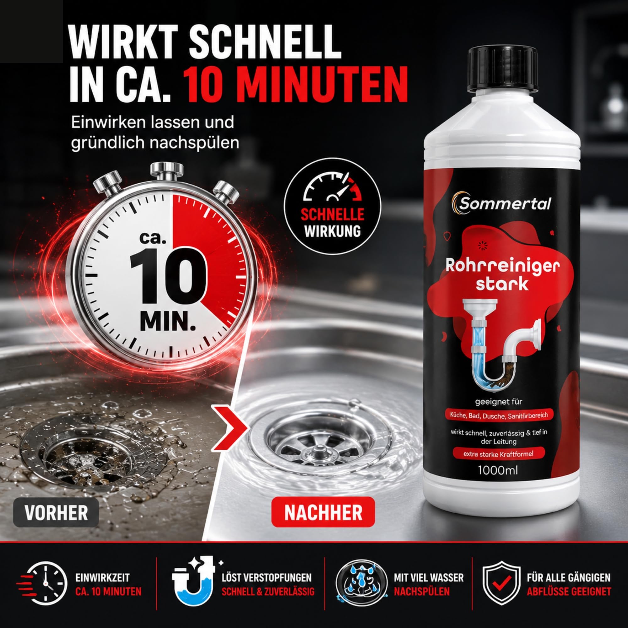 Sommertal Rohrreiniger stark 4000 ml, Abflussreiniger extra stark pH 14