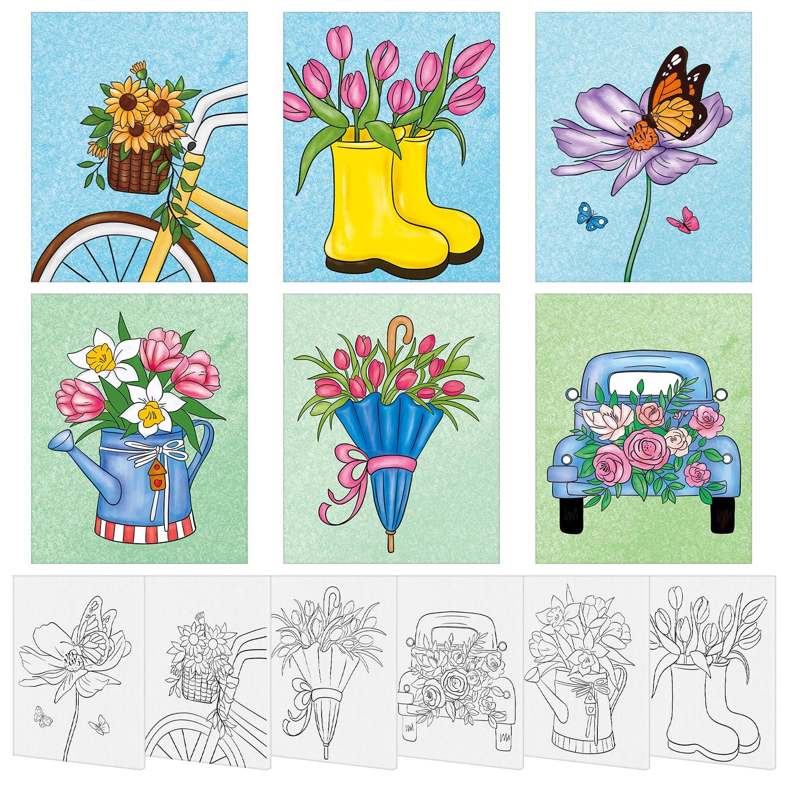 COCHIE 6 Pack 8x10 Inches Spring Flower Pre Drawn Canvas to Paint for Sip and Paint Party, Pre Printed Framed Canvases Set, Umbrella Butterfly Truck Pre Sketched Canvas for Painting for Adults Kids