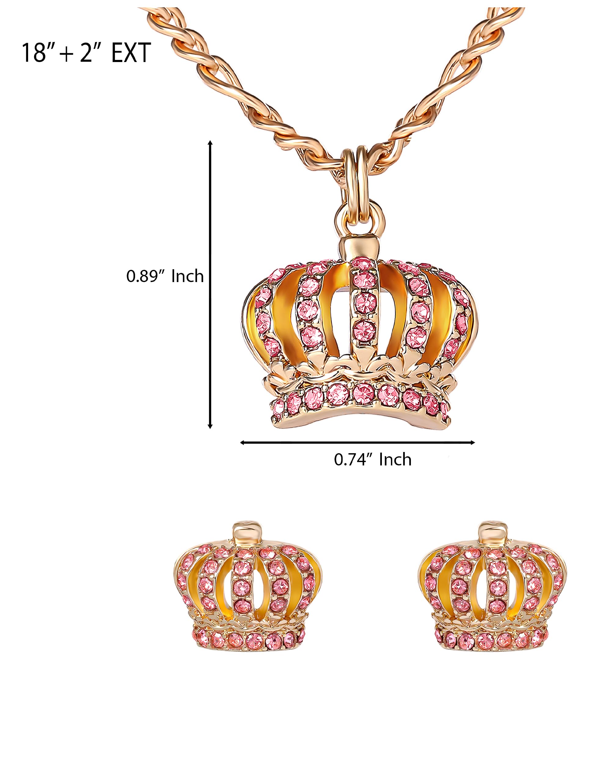 Juicy Couture Necklace and Crown Stud Earrings for Women with Pink Crystals, Gold Tone Jewelry Set