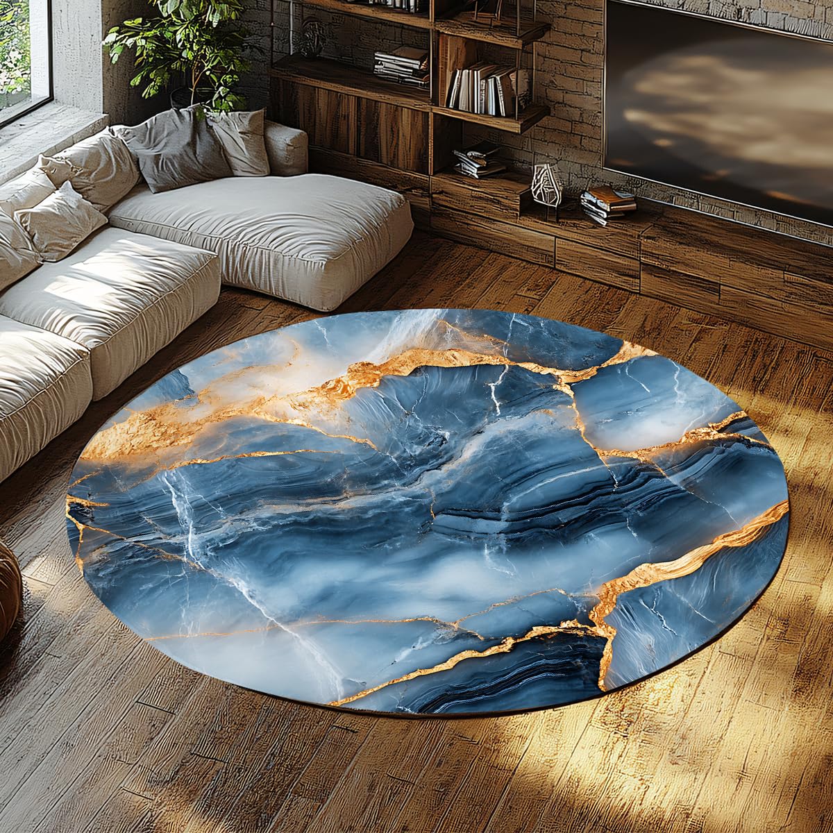 Tapis rond abstrait 160cm en marbre bleu et or moderne pour le salon