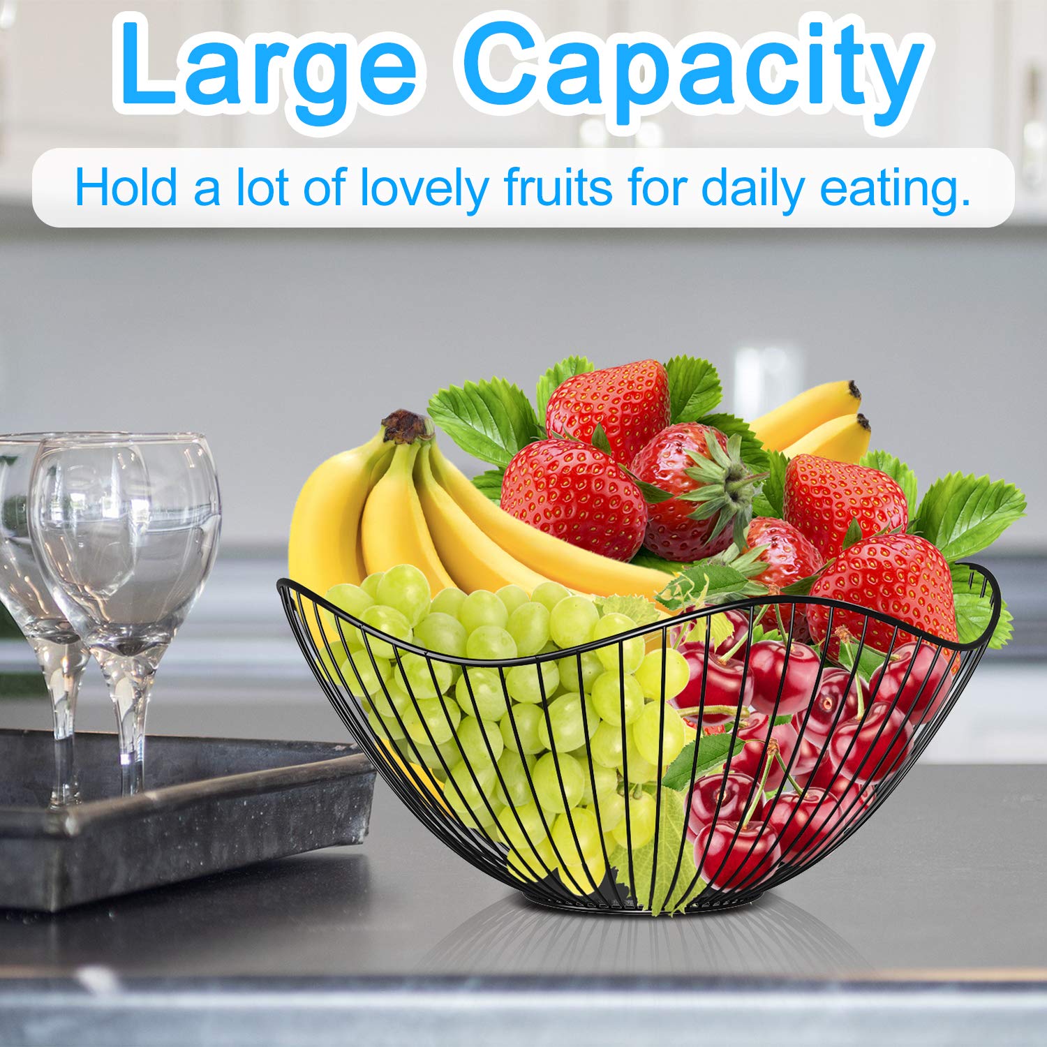 DULRLLY Metal Wire Fruit Bowl Basket Modern Fruit Holder Stand for Kitchen Counter Fruit Vegetable Storage Baskets Decorative Fruit Serving Bowls for Bread Fruits Veggies Snacks(Black)