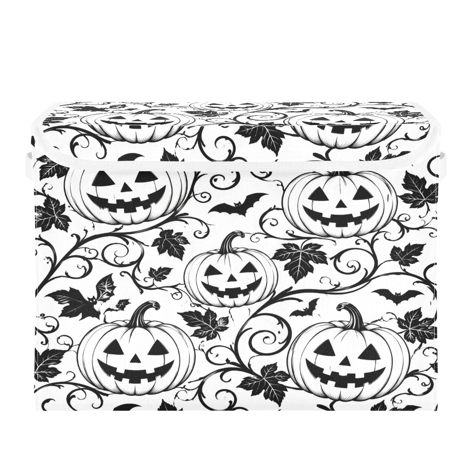 Ewusp Halloween Pumpkins Fabric Storage Bin with Lid, Decorative Foldable Storage Basket with Handles, Stackable Closet Shelf Organiser Box for Clothes, Books, Bedroom, Living Room