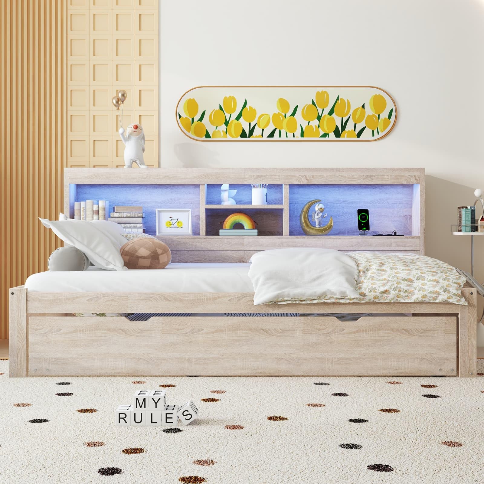 PUGSDRLY Canapé Lit 90x200cm avec lit gigogne 90x190cm,Canape lit 1 Places avec LED,USB et Prise électrique,Compartiment de Rangement Côté,sans Matelas (Nature, 90x200)
