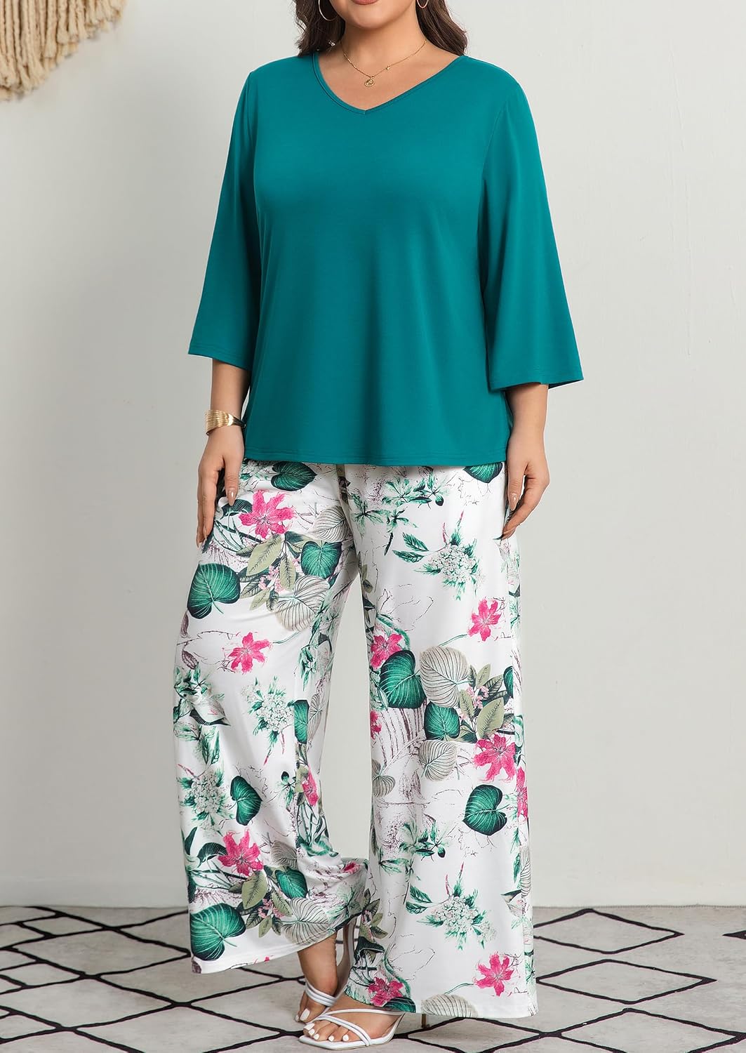 Women's Plus Size 2 Piece Outfits 3/4 Sleeve Tunic Top Floral Print Belted Wide Leg Pant Sets Travel Lounge Set