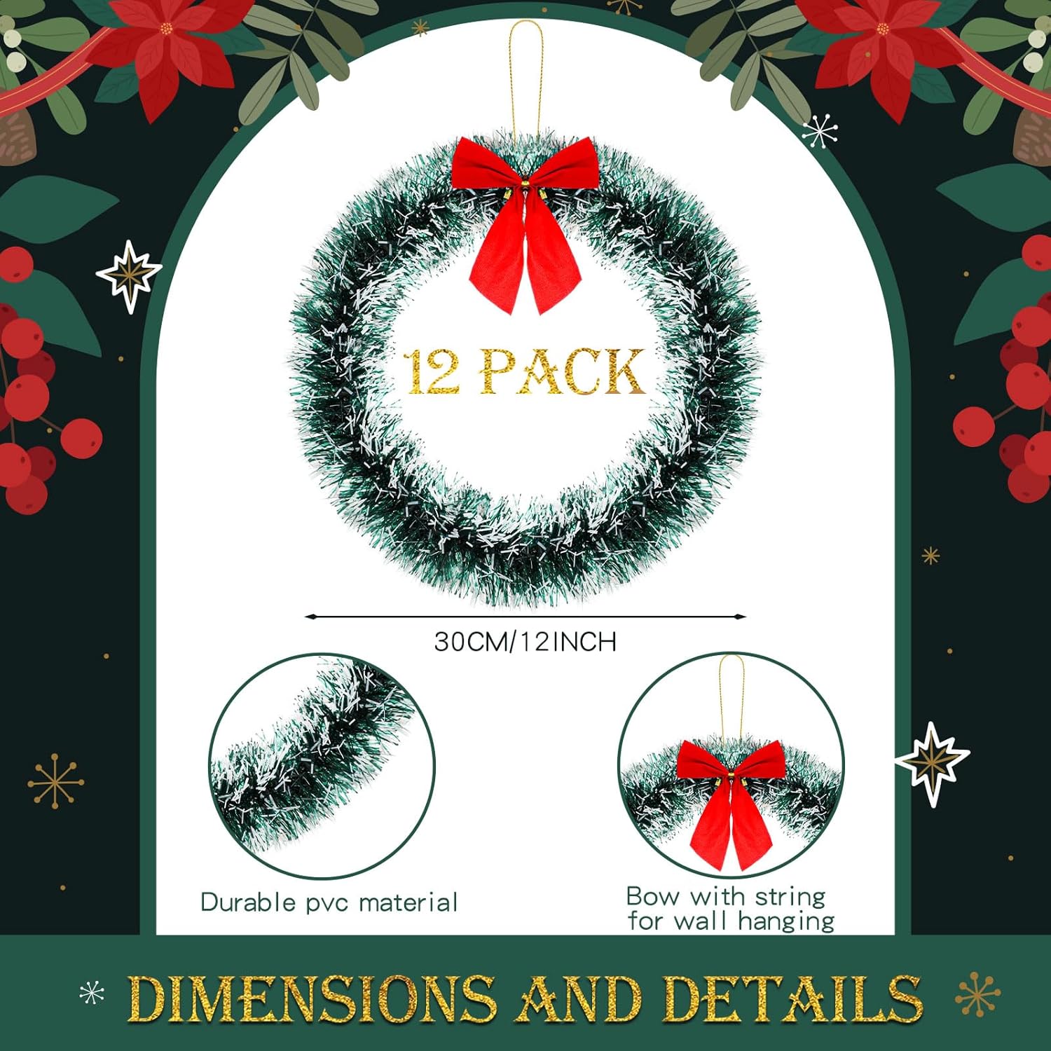 12 Inch Christmas Wreath with Red Bow Bulk Artificial Christmas Garland Creative Winter Decoration Christmas Tree Hanging Ornaments for Window Front Door Kitchen Shop Indoor Outdoor