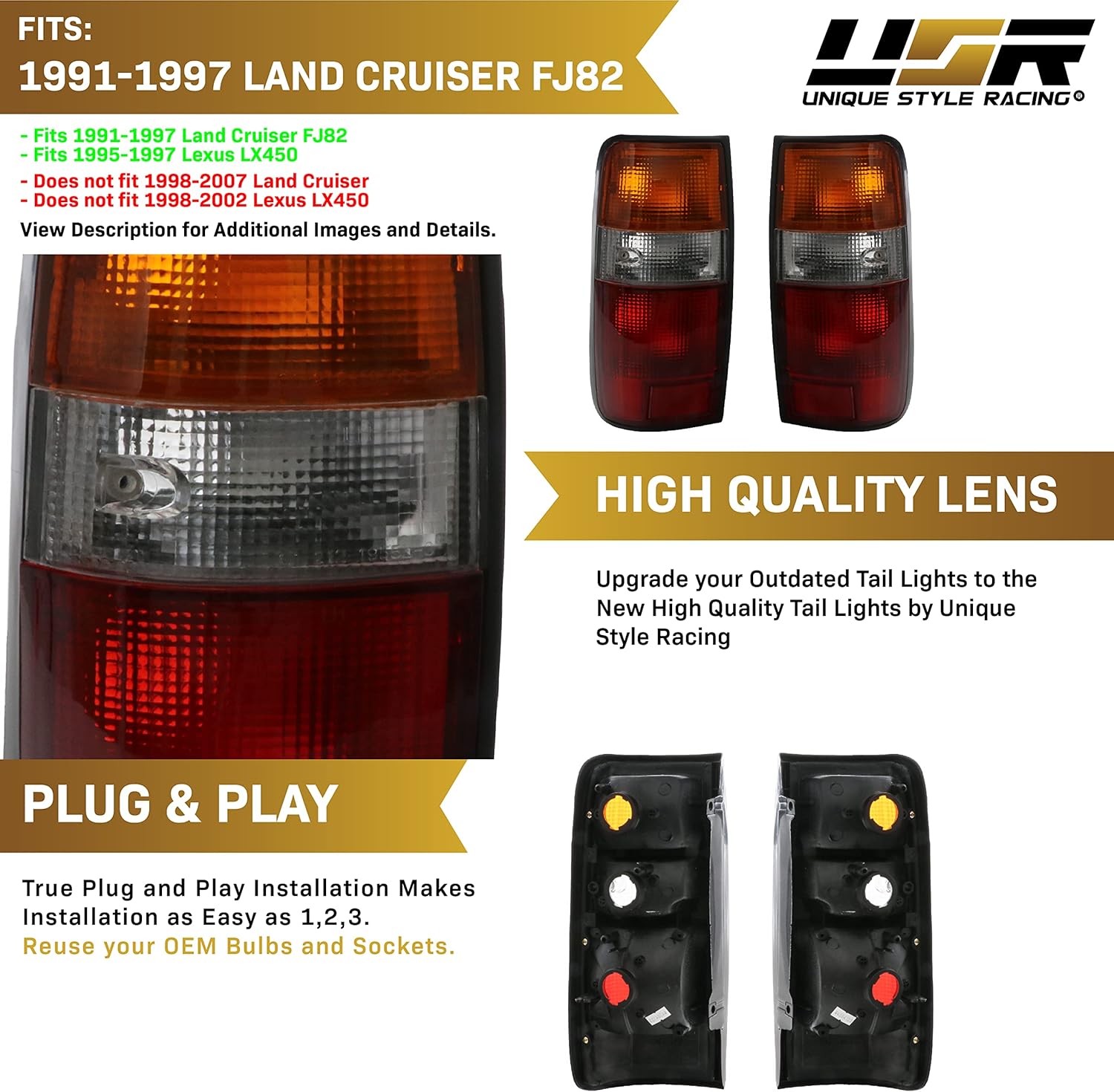 USR DEPO FJ80 Tail Lights - Replacement Rear Tail Lamps Set (Left + Right) Compatible with 1991-1997 Toyota Land Cruiser 80 FJ82 and 1996-1997 Lexus LX450