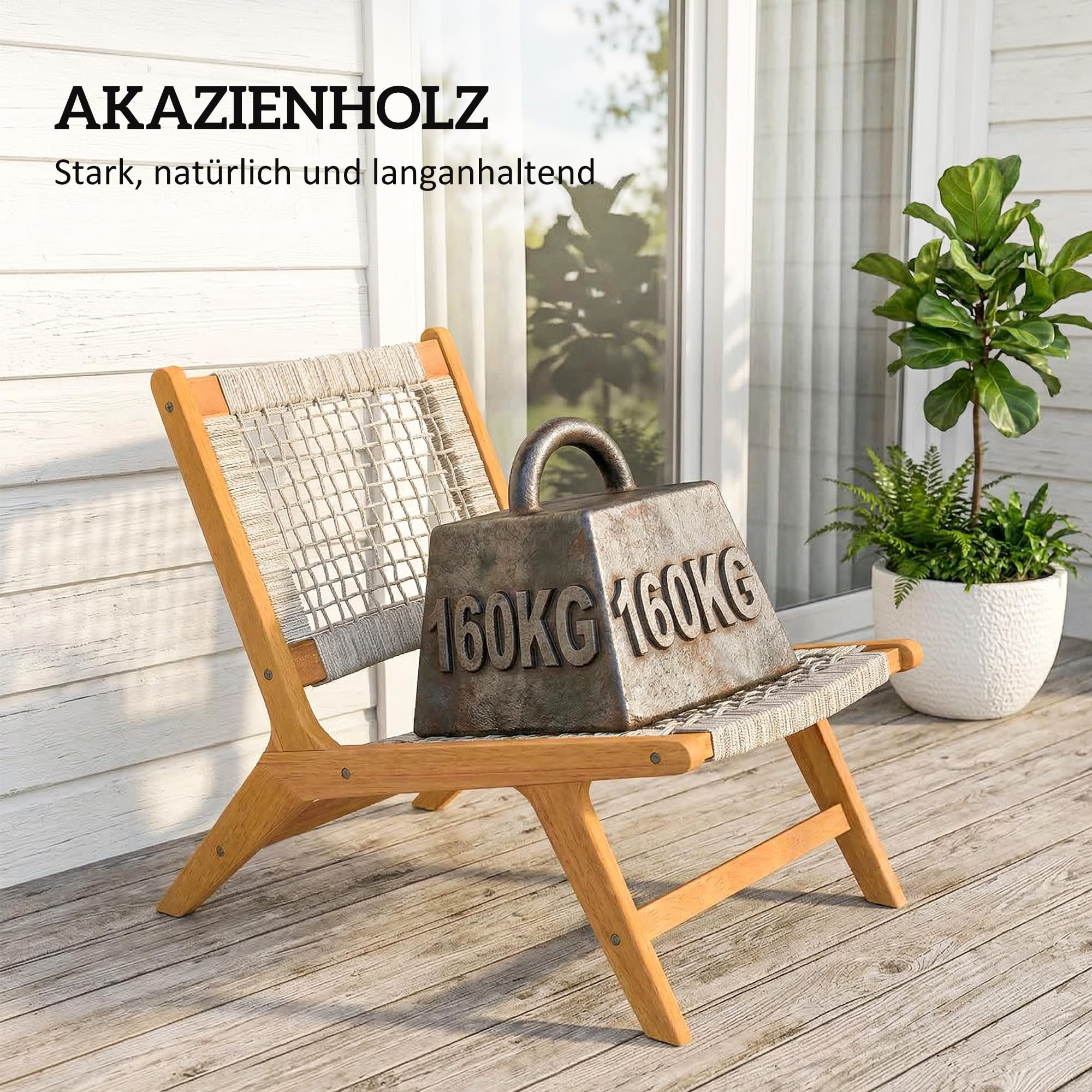 Outsunny Gartensessel mit Hocker 2-Teilig Verstellbare Füße 160 kg Beige | Akazienholz, Outdoor Loungesessel mit Rattan-Sitz, Boho-Stil, Polyrattan Lounge Set, Gartensessel für Garten Balkon