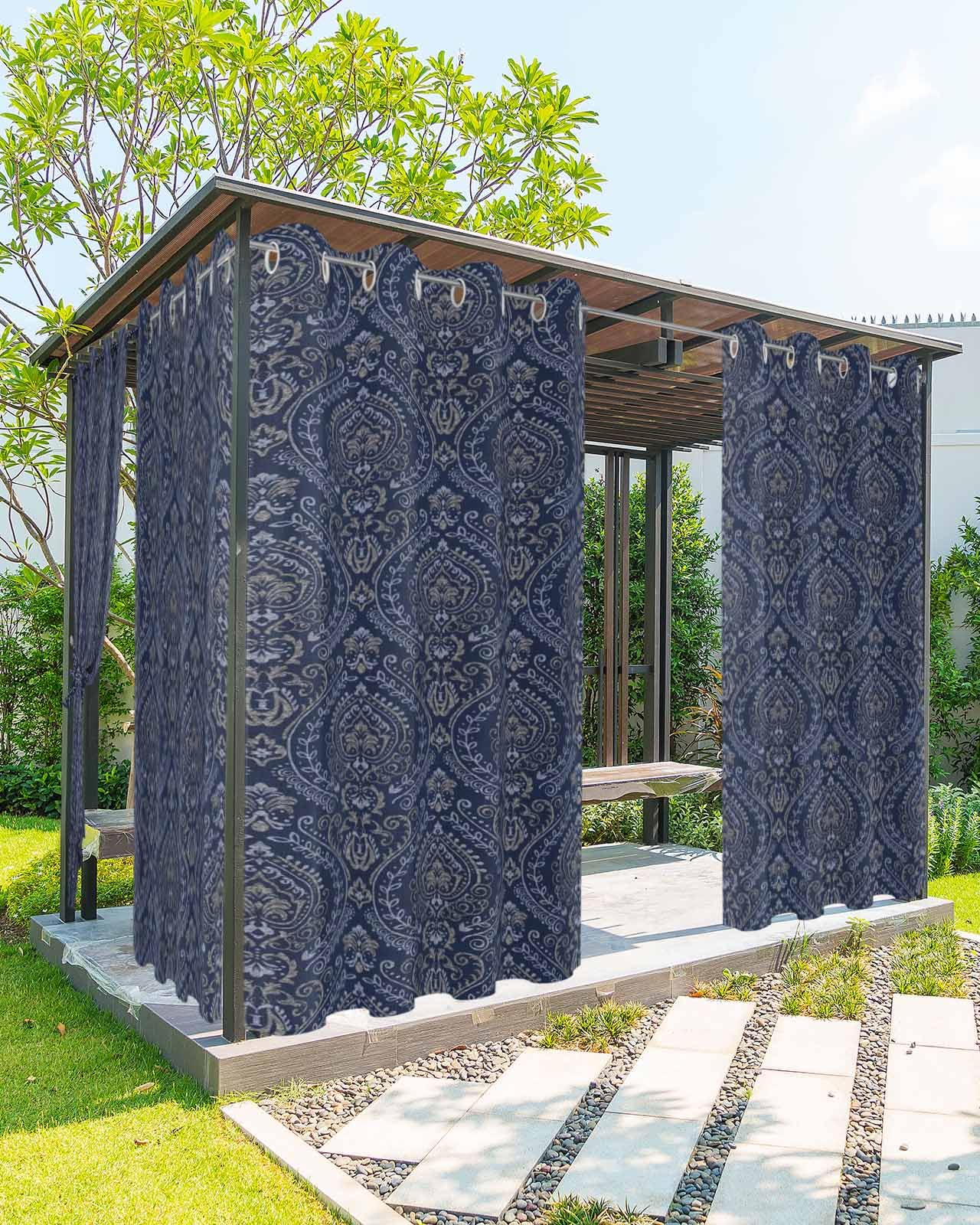 Navy Blue Boho Outdoor Curtains for Patio Waterproof Weatherproof Windproof, Tiebacks Privacy Grommet Curtains for Gazebo/Balcony/Porch/Pergola/Cabana