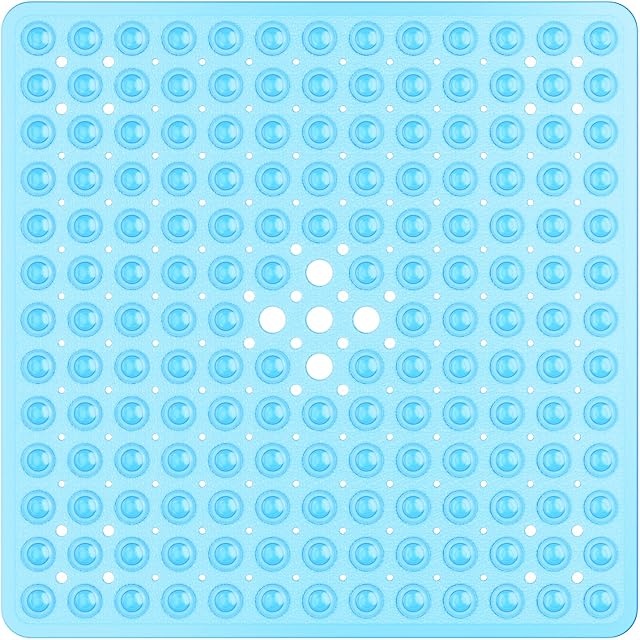 XIYUNTE Square Shower Mat Non Slip Anti Mould - 53 x 53cm Rubber Shower Mat for Inside Shower, Anti Slip Shower Mats with Drain Holes & Suction Cups, Machine Washable, Clear Blue
