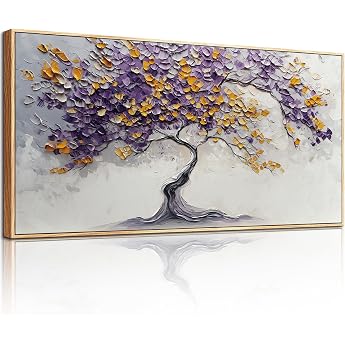 MHARTK66 Purple Tree Pictures with Frame Wood Tree of Life Canvas Picture Aesthetic 73 x 146 cm XXL Wall Pictures Living Room Modern Wall Decoration Art Print Bedroom Dining Room Hallway