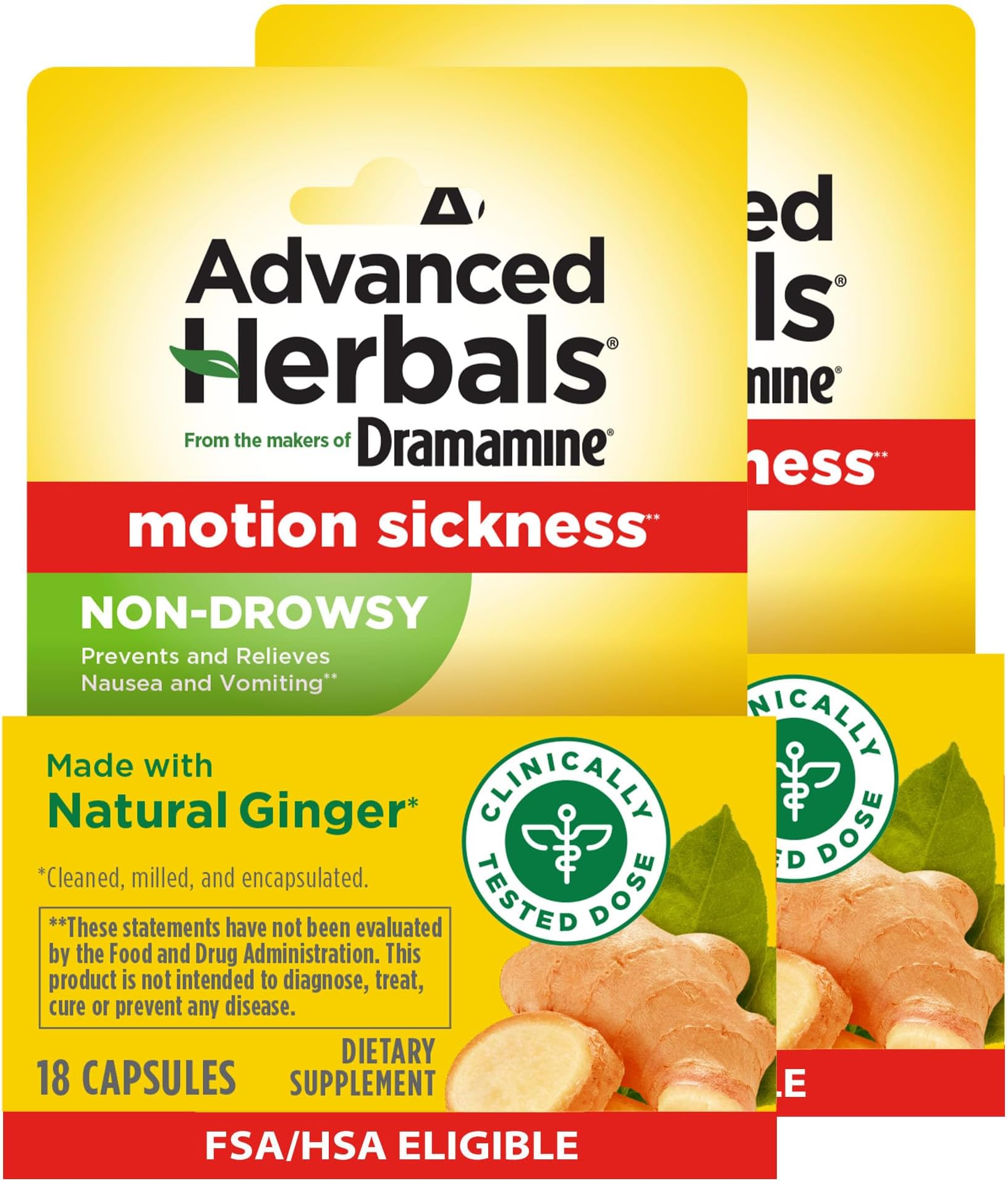 Non-Drowsy Naturals Motion Sickness Relief Capsules 18 ea Pack of 2 by Dramamine