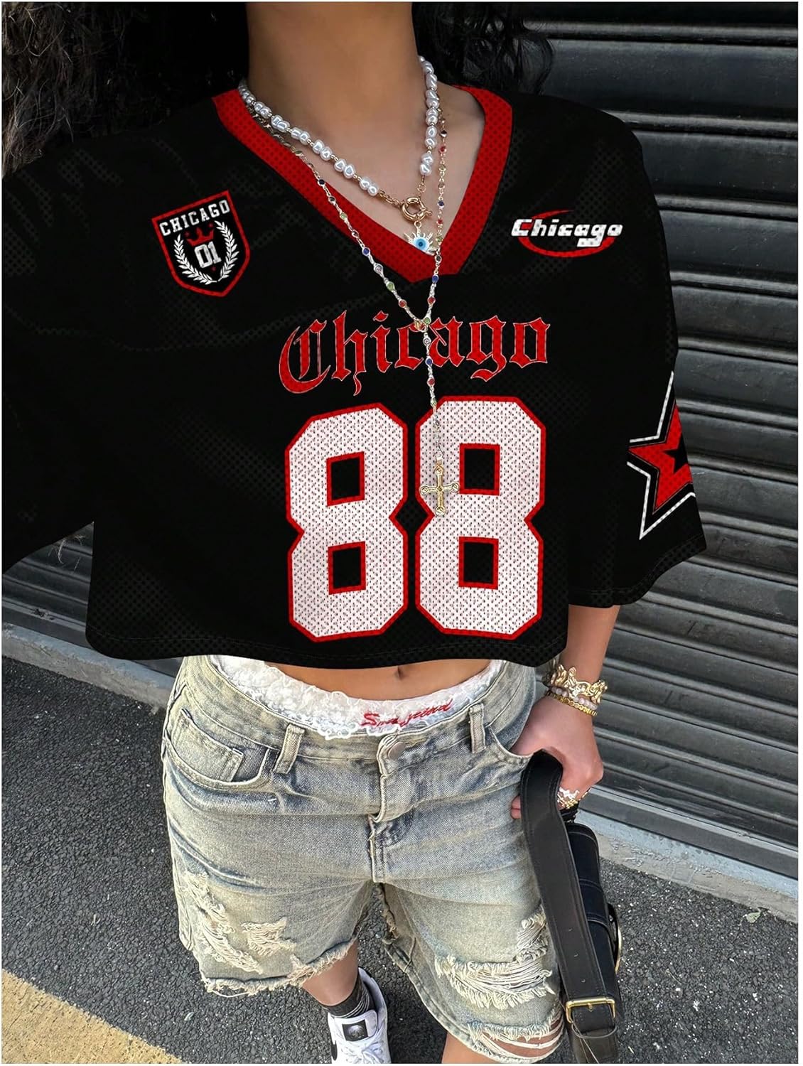 WDIRARA Women's Jersey Shirts Number Graphic Short Sleeve V Neck Tee Loose Crop Top - Image 3